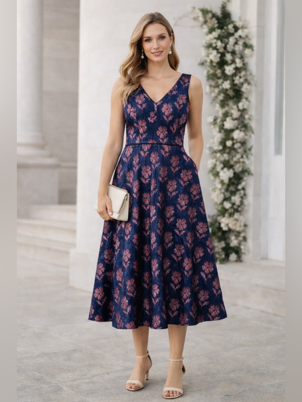 NWT Draper James Floral Jacquard Midi Dress | Fit & Flare w/ Pockets | Size 8
